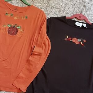 2 Fall Pumpkin Long Sleeve Jersey Knit Tees Women's Sz S Brown Orange
